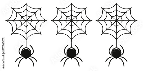Vector illustration set of spider webs, with spiders silhouette hanging from spider webs