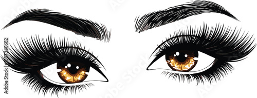Beautiful Pair of Brown Eyes Vector Illustration with Long Thick Black Eyelashes and Defined Eyebrows for Makeup and Beauty Branding