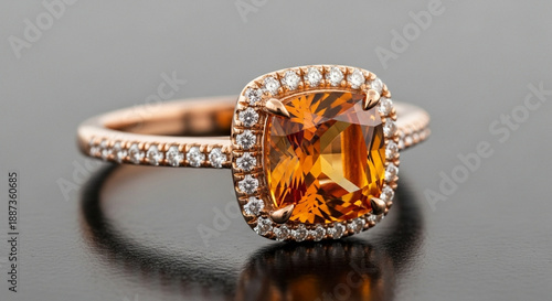 Elegant Rose Gold Ring with Cushion Cut Orange Gemstone and Diamond Halo.