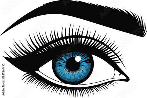 Blue Eye Vector Illustration with Thick Black Eyelashes and Eyebrow for Beauty Cosmetics Makeup Design and Fashion Eye Care Advertising