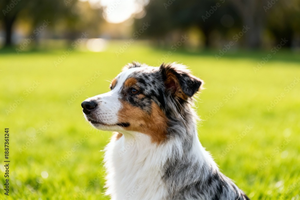 Fototapeta premium Dog sitting on grass in park