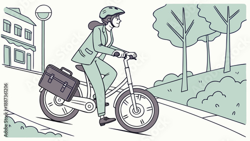 Urban Commute: A professional cycles through a city street, showcasing a blend of urban transport and a sustainable commute.