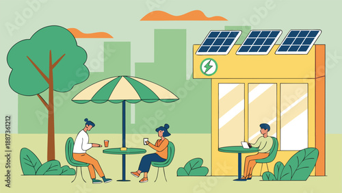 Sustainable Café Scene: A charming café embraces eco-friendliness with solar panels and patrons enjoying the day, symbolizing a commitment to sustainability and green living.