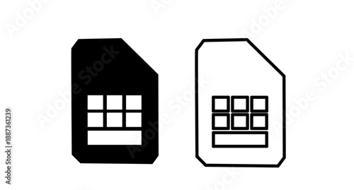 Black and Outline SIM Card Icons Side by Side Isolated on White Background