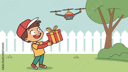Drone Gift Delivery: A delighted child, beaming with joy, receives a wrapped gift from a hovering drone in a vibrant outdoor scene.