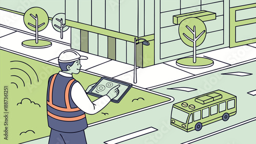 Smart City Management: An illustration showcases a professional utilizing a tablet to monitor the city's infrastructure, symbolizing smart urban planning and modern technological integration.