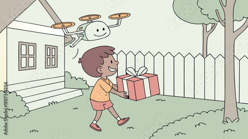 Joyful Gift Delivery: A cheerful illustration of a smiling boy joyfully receiving a present delivered by a drone, set in a pleasant outdoor backyard scene.