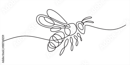 Continuous line art of a flying bee, capturing its delicate form and graceful movement