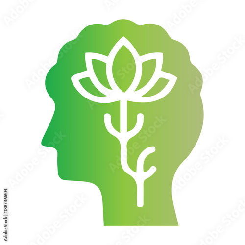Mindfulness and growth represented by a blooming lotus flower inside a silhouette of a human head, symbolizing mental well-being and personal development