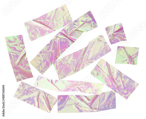 iridescent and holographic tape pieces scattered on a transparent background, shimmering with pink, purple, and green hues.