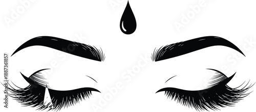 Closed eyes with long eyelashes bold eyebrows and bindi symbol minimalist beauty makeup logo vector illustration isolated