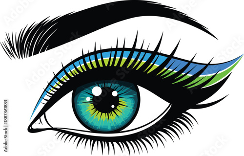 Colorful female eye with bold eyeliner long eyelashes vibrant iris makeup beauty fashion cosmetic vector illustration isolated