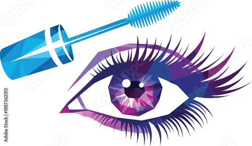 Low poly eye with mascara wand vector geometric beauty makeup cosmetic fashion illustration colorful modern salon design
