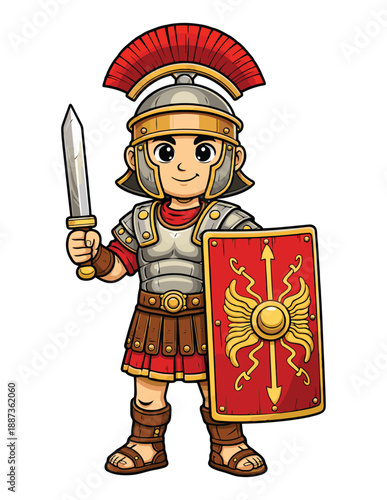 Cartoon Roman Soldier with Sword and Shield in Traditional Armor