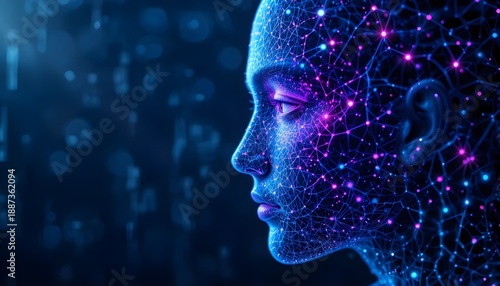 Futuristic artificial intelligence visualization with glowing neural network, human face made of data points, blue and purple color palette, clean background, high detail, professional lighting.