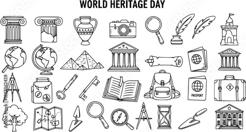 Hand-drawn Black and White Line Art Icons Set for World Heritage Day. Doodle collection of history, archaeology, travel, and cultural heritage elements.