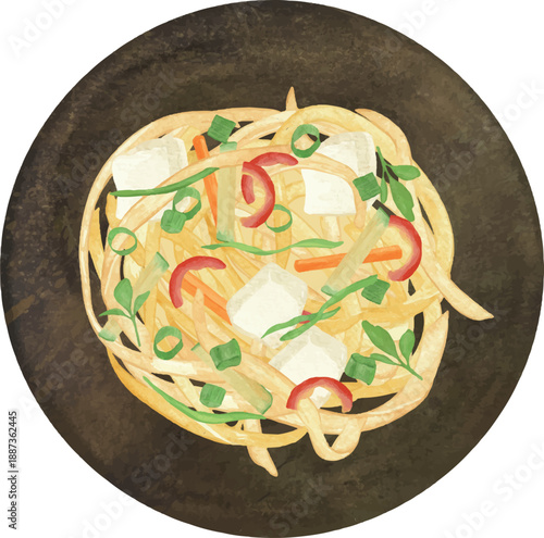 Vegetable Udon with Tofu on Plate Vector Illustration