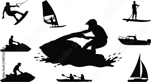 Water Sports Silhouette Set Featuring Jet Ski Riders Wakeboarding Windsurfing Paddleboarding Kayaking Sailing and Motorboat Icons for Summer Vacation Design Graphics