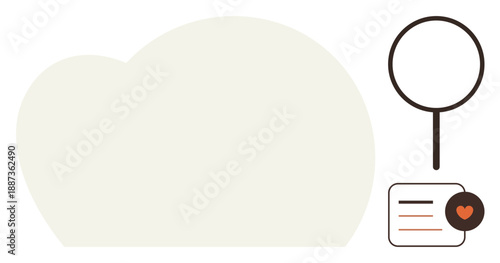 Cloud computing, data storage, internet search, research tools, information security, user engagement. A cloud shape with a magnifying glass and a document icon with a heart symbol. Cloud computing