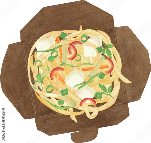 Vegetable Udon with Tofu in Takeaway Box Vector Illustration