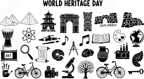 World Heritage Day black and white doodle icons collection. Hand-drawn cultural, historical, scientific, art, and travel symbols for education and exploration.