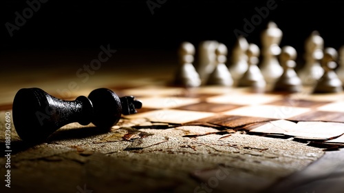 Film game scene concept, broken chessboard with dramatic lighting for fateful showdown aftermath