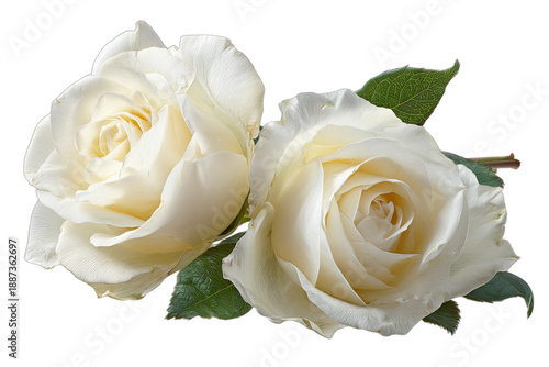 Two elegant white roses with green leaves on a black background
