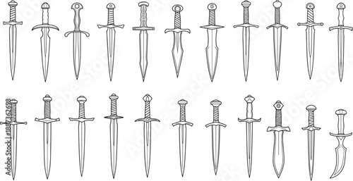 A collection of various swords depicted in a detailed illustration, showcasing different designs and styles, presented from a straightforward viewpoint.