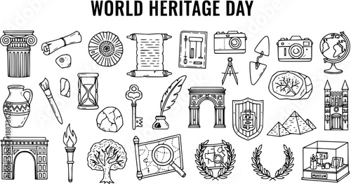 World Heritage Day Icons Set. Black and White Line Art Doodle Collection of Historical, Archaeological, and Cultural Preservation Symbols and Artifacts.