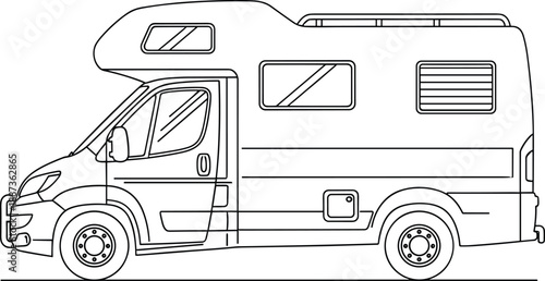 Camper van illustration from side view with detailed line art