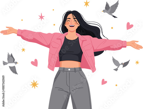 A young woman with outstretched arms surrounded by floating hearts and birds in a whimsical illustration