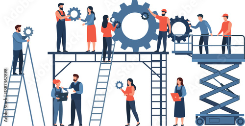 Business team collaborating on project, using gears and tools for process optimization, efficient workflow, and successful problem-solving