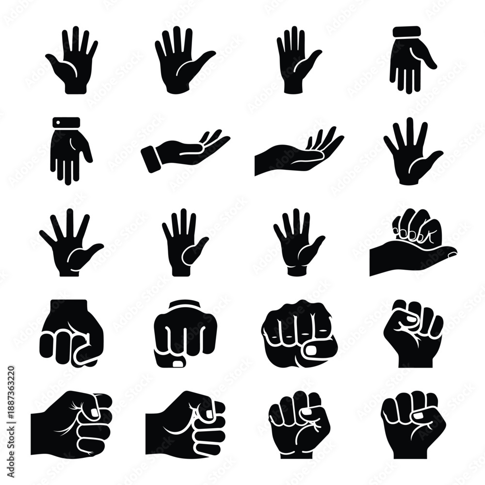 Fototapeta premium Collection of various hand icons in different gestures and orientations displayed in a grid layout.
