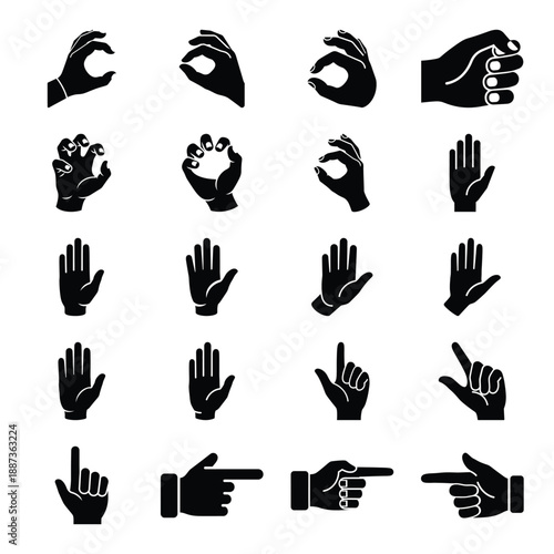 Collection of various hand gestures and signs in black silhouettes on a plain background, viewed directly from the front, showcasing different hand positions and actions.