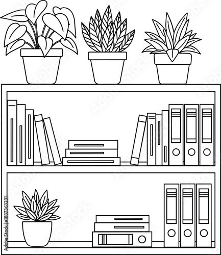 Line art illustration of a bookshelf with plants and books from a straight-on viewpoint