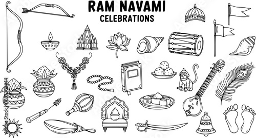 Ram Navami Celebrations Line Art Icons Set. Hindu Festival and Spirituality Doodle Vector with Traditional Cultural Symbols and Religious Elements.