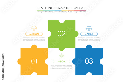 puzzle infographic chart template for business 3 parts, options, presentation with concept mission, vision, values, elements vector illustration.	