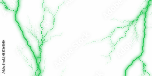 A striking image of a vibrant green lightning bolt against a stark white background. Colorful Lines Random Distribution Computational Generative Art background illustration. 