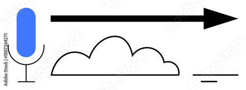 Audio data transfer. Microphone symbol, cloud shape, and arrow data transmission processes. Audio data for cloud storage, voice recognition, streaming, and technology tools. Relevant for digital
