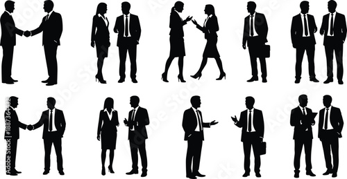 Business people silhouettes set showing handshake meeting discussion teamwork corporate communication professional office characters isolated vector illustration leadership partnership negotiation