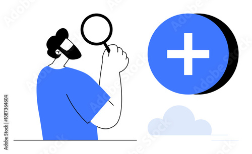 Analysis concept. Person using magnifying glass to explore and analyze data, d by a plus symbol. Analysis improves understanding, problem-solving, and decision-making. For research, technology
