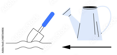 Gardening concept. Gardening with visible shovel in soil and a watering can for nurturing plants. Gardening enables plant care and growth. For agriculture, landscaping, eco concepts, sustainability