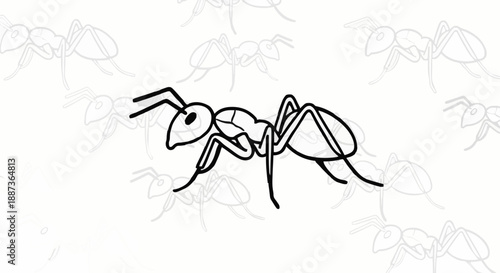 Simple line drawing of an ant on a plain white background with multiple faint ant silhouettes
