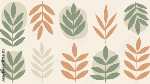 Abstract Botanical Illustration of Stylized Leaves and Branches.