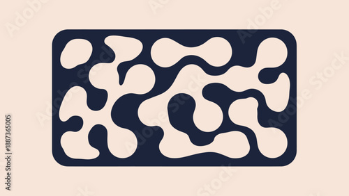 Abstract organic shapes in a dark blue rectangle with rounded corners.