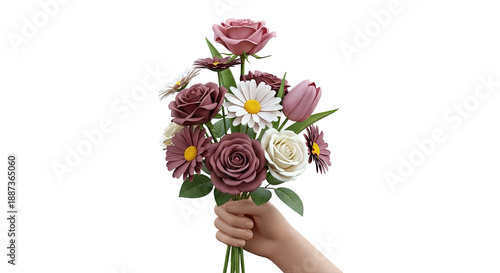 Hand holding a bouquet of roses, daisies, and tulips