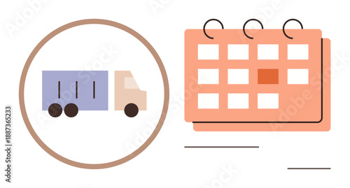 Delivery planning, logistics scheduling, supply chain, operations management, shipping, e-commerce. Graphic of a truck next to a calendar. Delivery planning and logistics scheduling concept