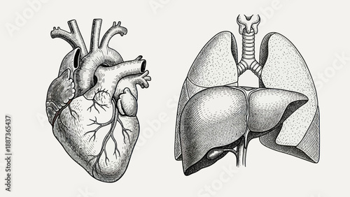 Anatomical illustration of human heart and lungs with liver.
