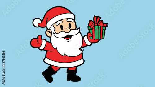 Cartoon Santa Claus holding a gift box with a thumbs up gesture.