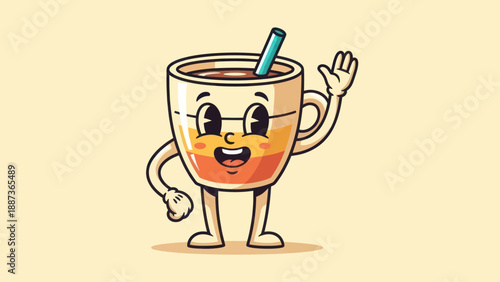 Charming Cartoon Coffee Cup Character Waving Hello with a Straw.